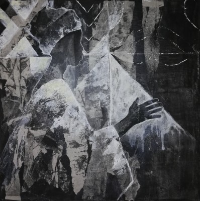 Acrylgemälde in schwarz-weissen Kontrasten mit der Darstellung einer afrikanischen Frau vor spinnwebartigen Strukturen